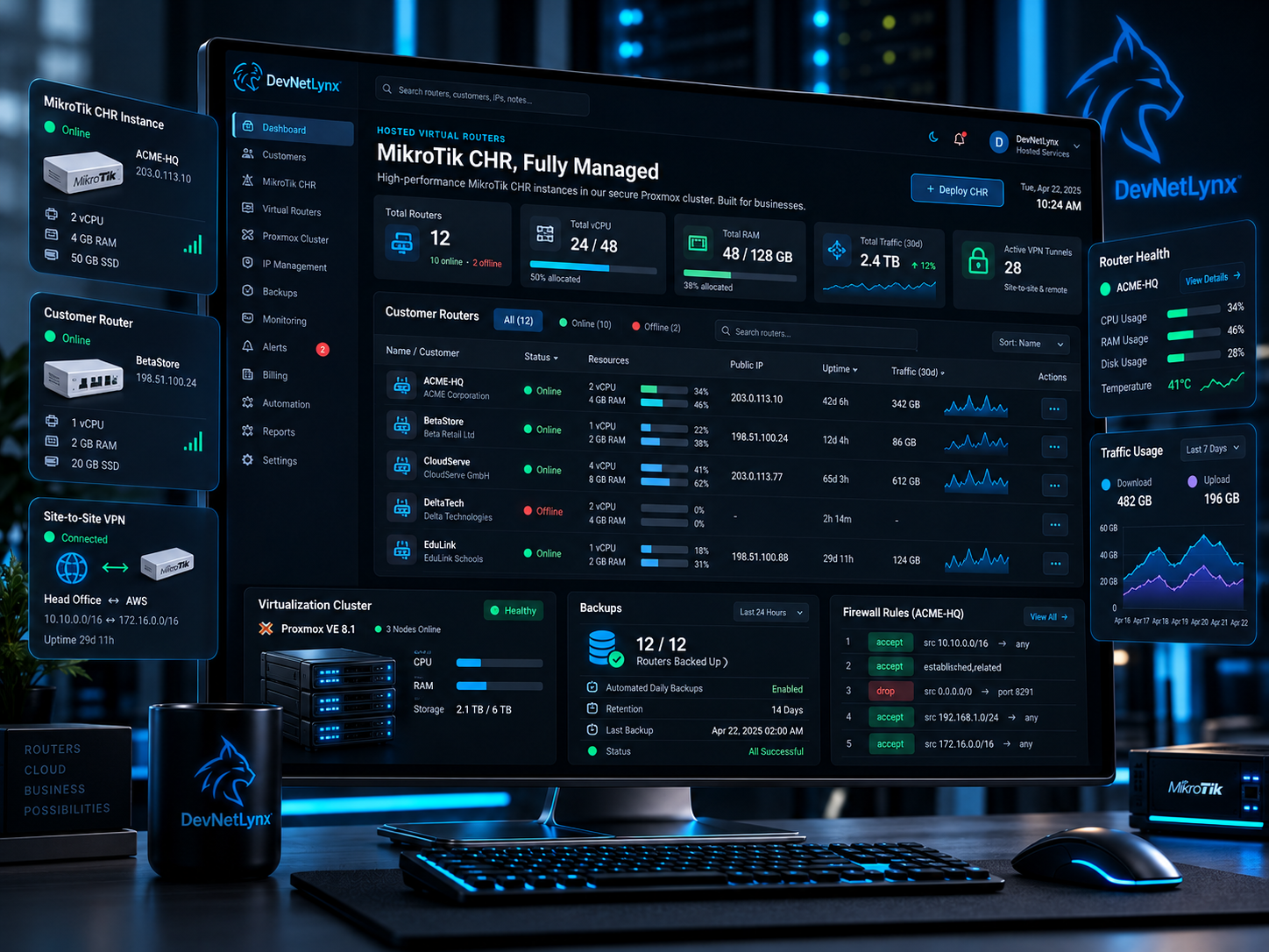 Concept mockup of DevNetLynx hosted MikroTik CHR dashboard showing virtual router instances, Proxmox resources and traffic statistics