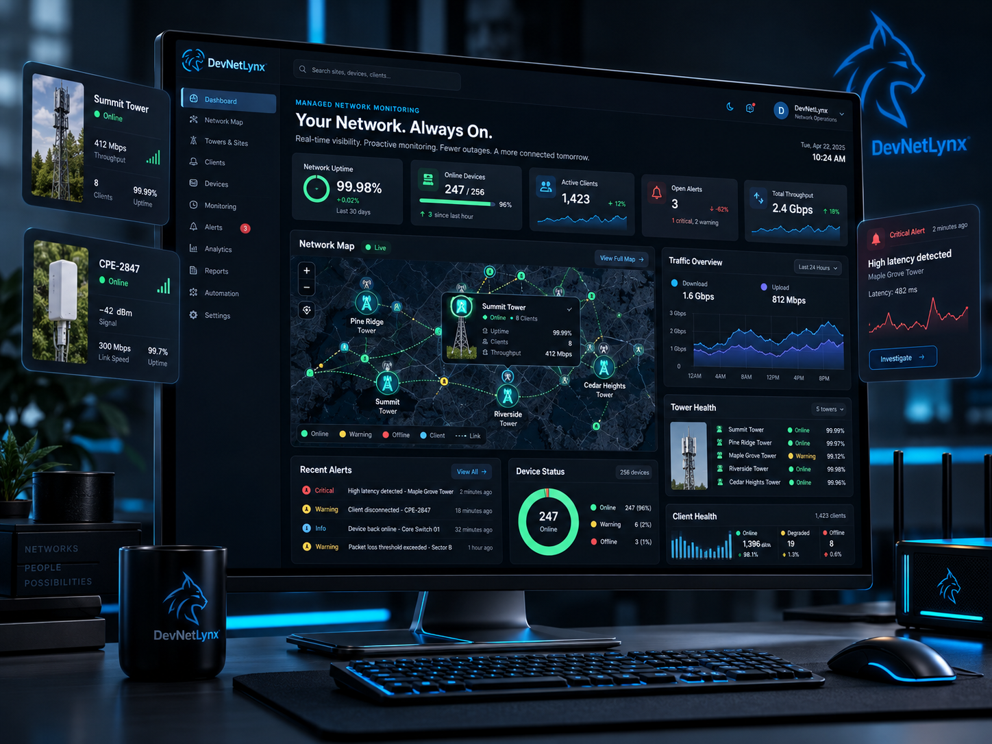 Concept mockup of the DevNetLynx network monitoring dashboard showing device availability, site map, performance charts and alerts